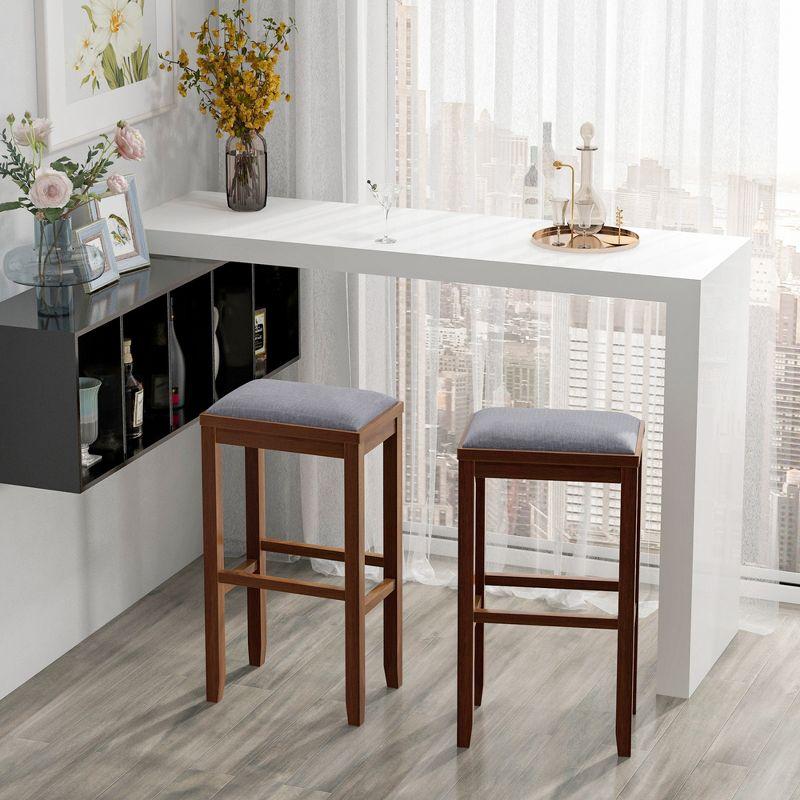 Walnut 31" Backless Upholstered Bar Stools with Gray Linen Seats