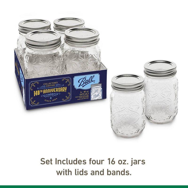 Ball 4pk 16oz Pint 140th Anniversary Regular Mouth Mason Jar: Glass Canning Jars, Dishwasher-Safe, Clear