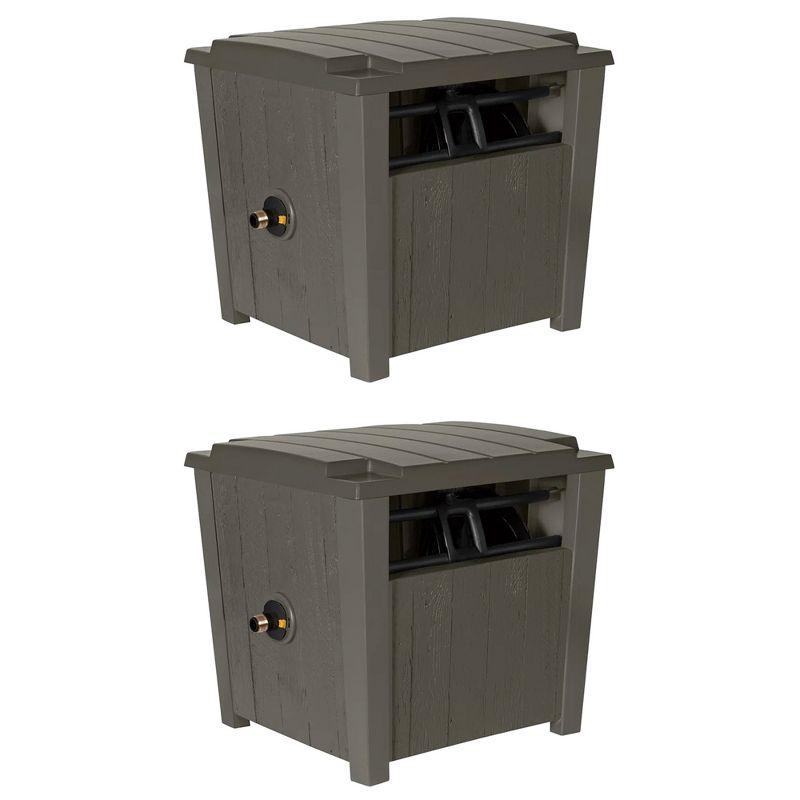 Suncast Farmington Smart Tube Weatherproof Outdoor Hideaway Standard Garden Hose Storage Pot Container with Brass Connections, Stoney (2 Pack)