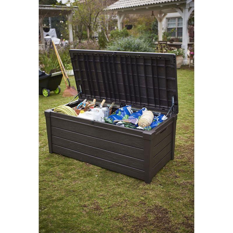 Keter Large 120 Gallon Waterproof All-Weather Resistant Wood Panel Outdoor Deck Garden Storage Box Bench - Brown