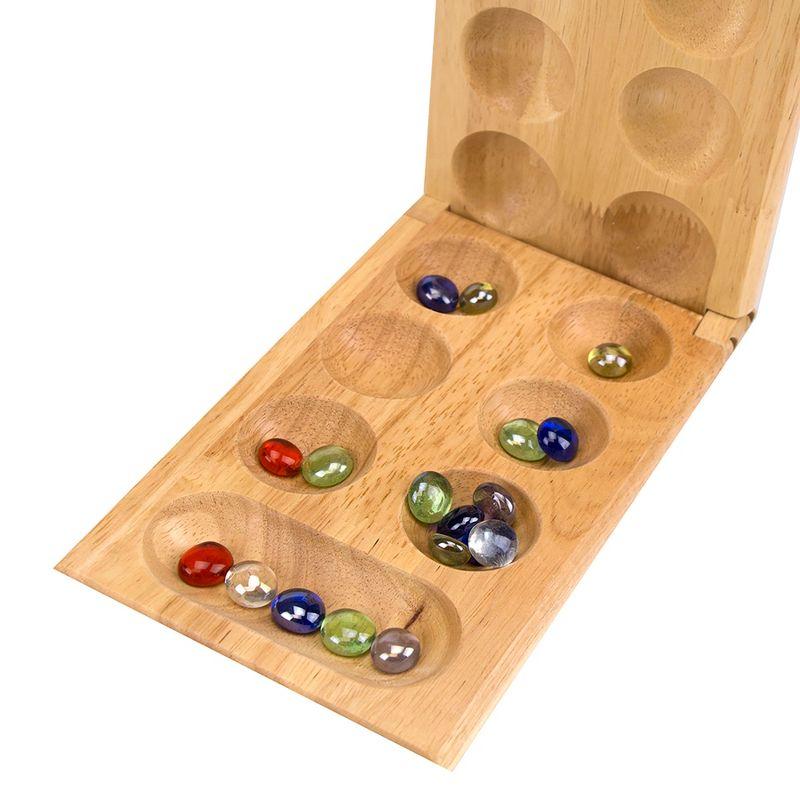 Wooden Mancala Game Set with Hinged Board and Marbles