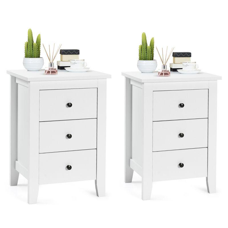 White 3-Drawer Wooden Nightstand Set with Black Knobs