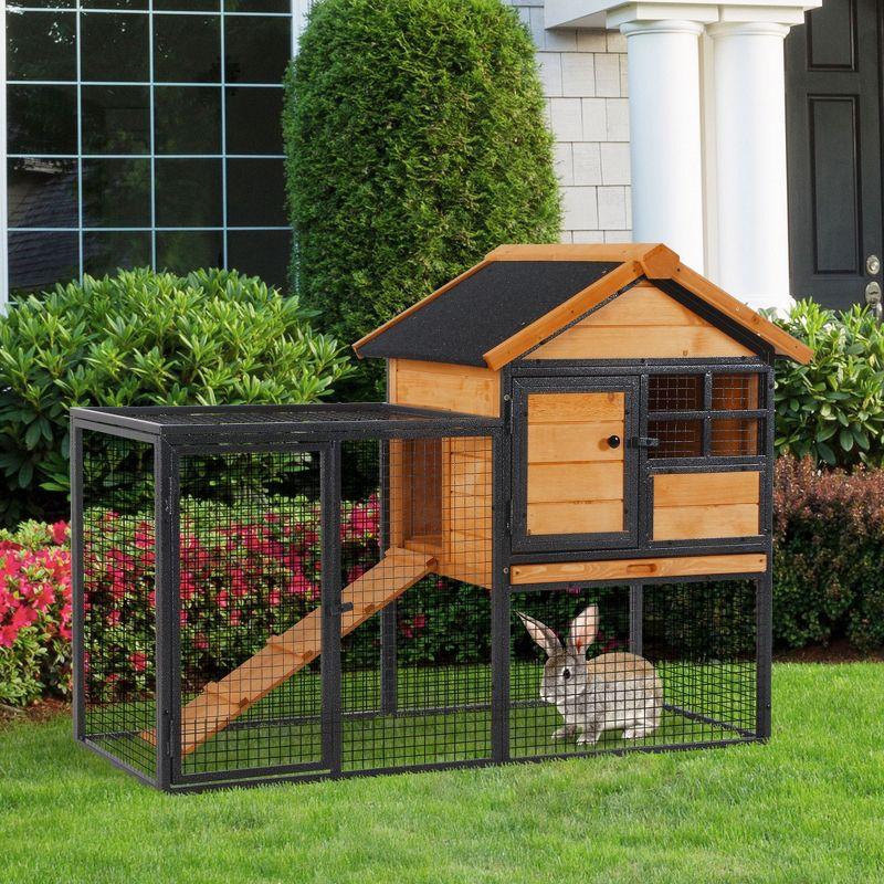 PawHut 2-Level Rabbit Hutch Bunny House with Weatherproof Hinged Asphalt Roof, Removable Tray and Ramp for Outdoor