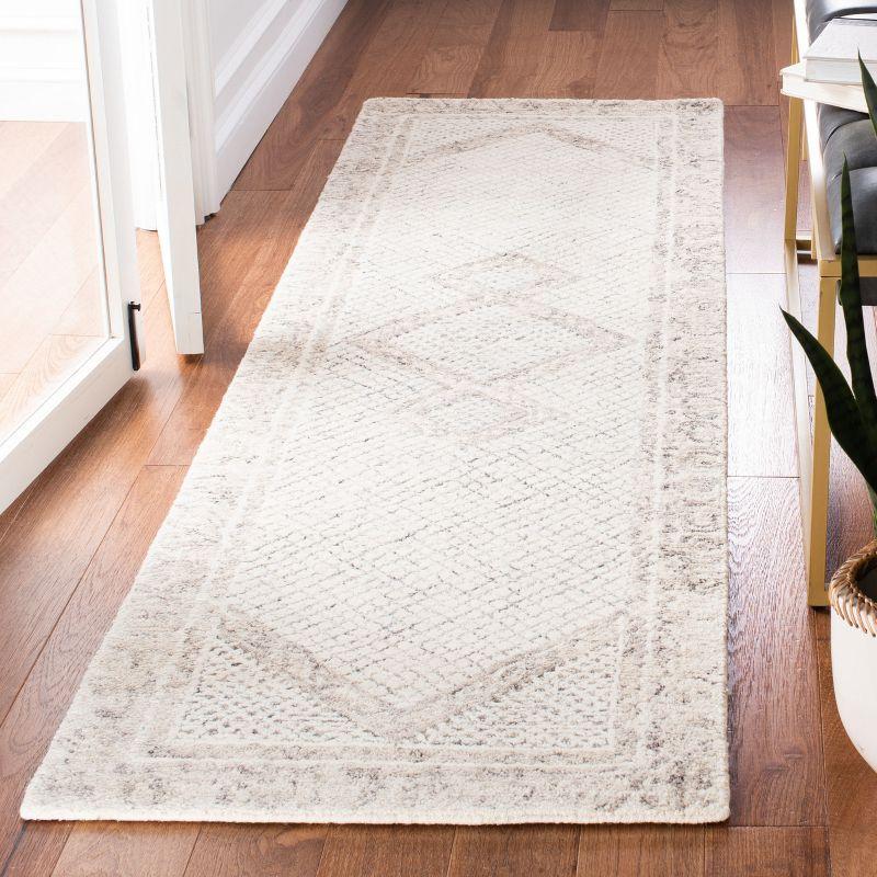 Ivory and Grey Handmade Wool Abstract Runner Rug