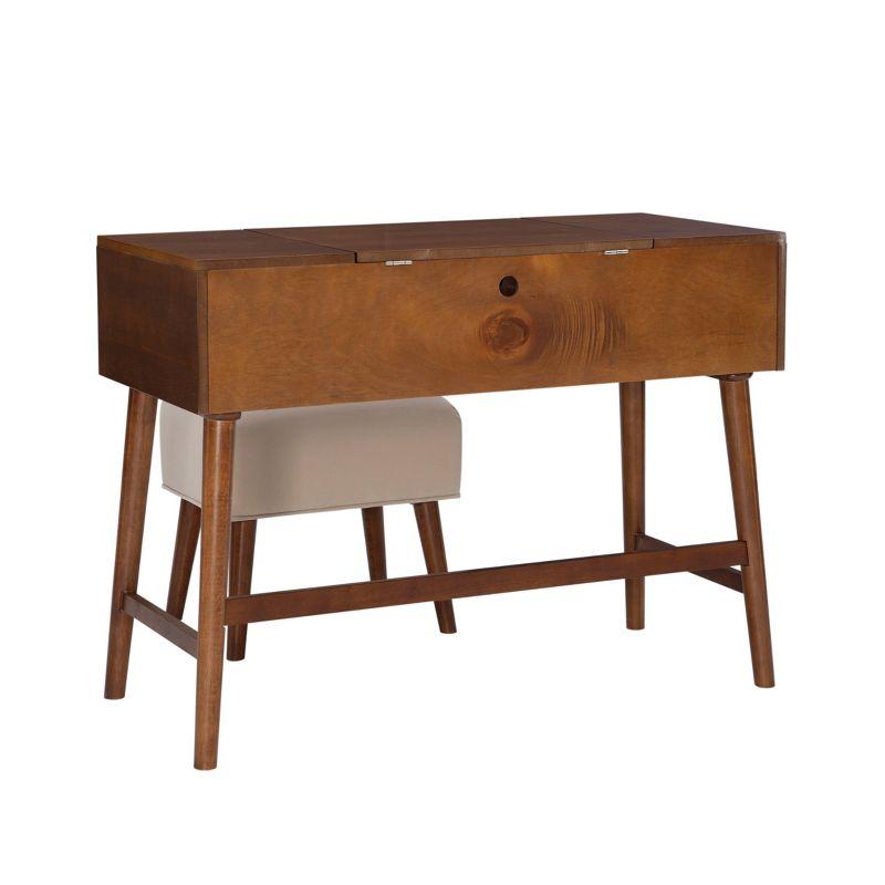 Viola Mid-Century Modern Flip-up Mirror 2 Drawer Vanity and Upholstered Stool Brown - Linon: Rubberwood, MDF, Lift-Top Storage