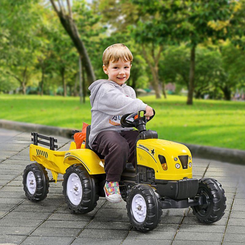 Aosom Kids Ride on Farm Tractor, Manual Pedal Ride on Car with Back Storage Trailer, Shovel & Rake, Horn, 3 Years Old, Yellow