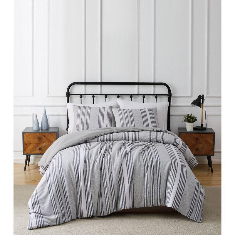 Kiel Stripe Gray Cotton Flannel Full/Queen Duvet Cover Set