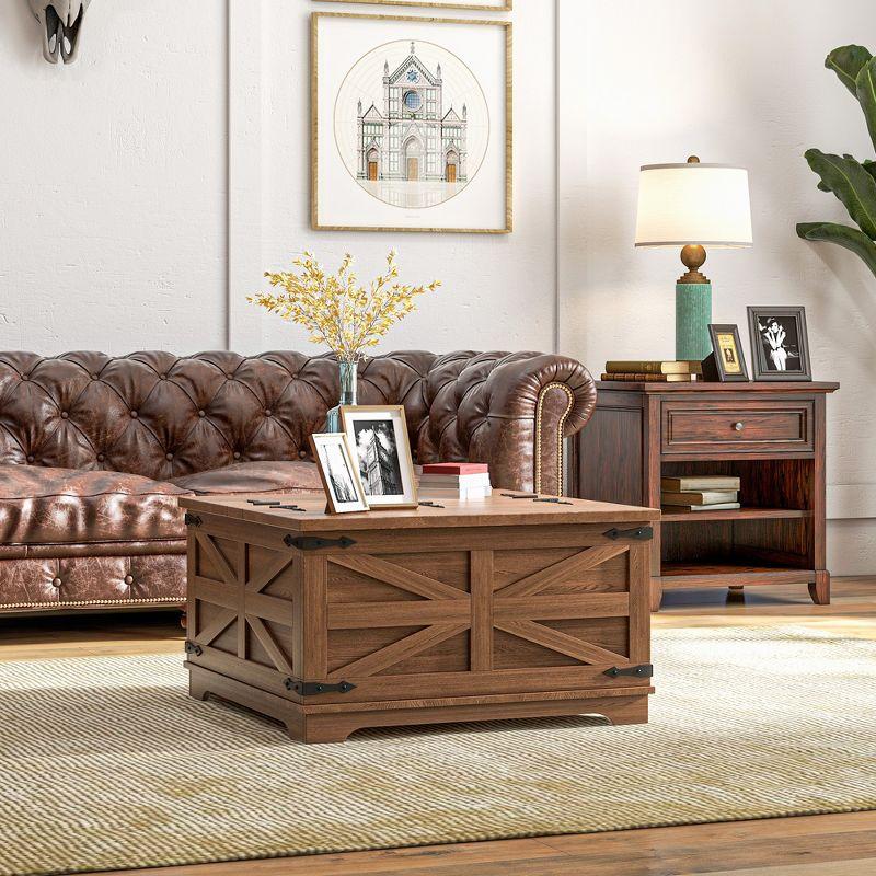 HOMCOM Farmhouse Coffee Table with Flip Top, Hidden Storage Compartment, Square Center Table for Living Room, Distressed Brown