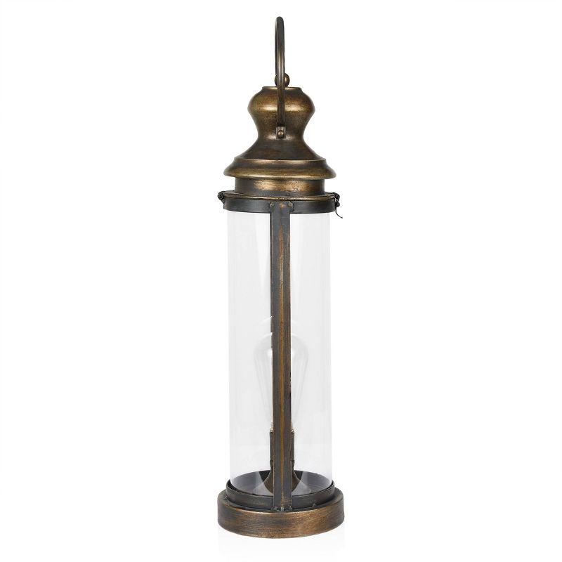 Gold Metal and Glass Lantern with Warm White LED Light, 21"