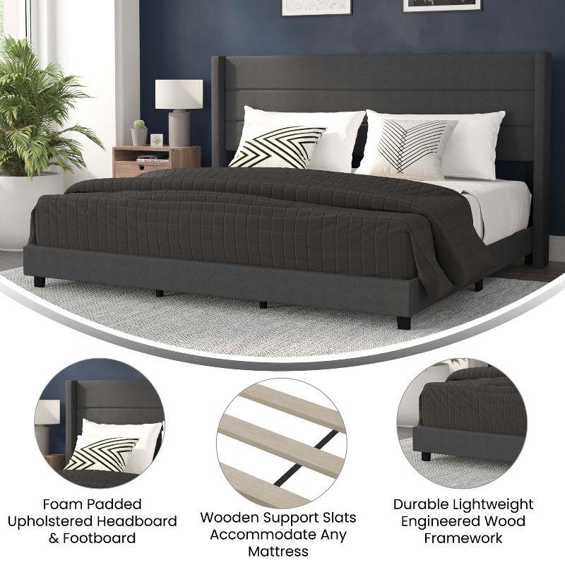 Merrick Lane Modern King Platform Bed with Padded Channel Stitched Charcoal Faux Linen Upholstered Wingback Headboard and 6" Underbed Clearance