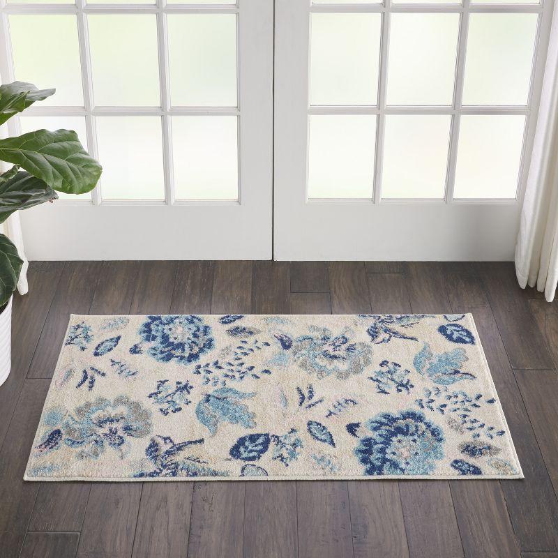 Elegant Ivory & Light Blue Floral Synthetic Area Rug 2' x 4'