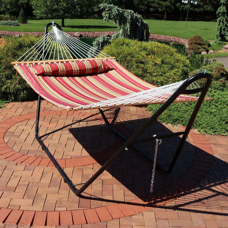 Sunnydaze Double Quilted Fabric Hammock with Universal Steel Stand - 450-Pound Capacity - Red Stripes