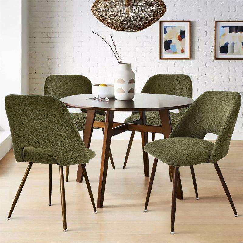 Set of 4 Olive Green Upholstered Side Chairs with Walnut Legs