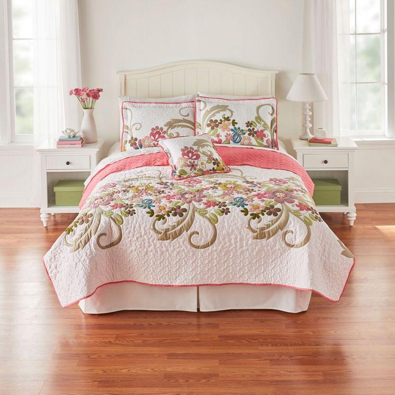 Twin White Cotton Floral Embroidered Quilt