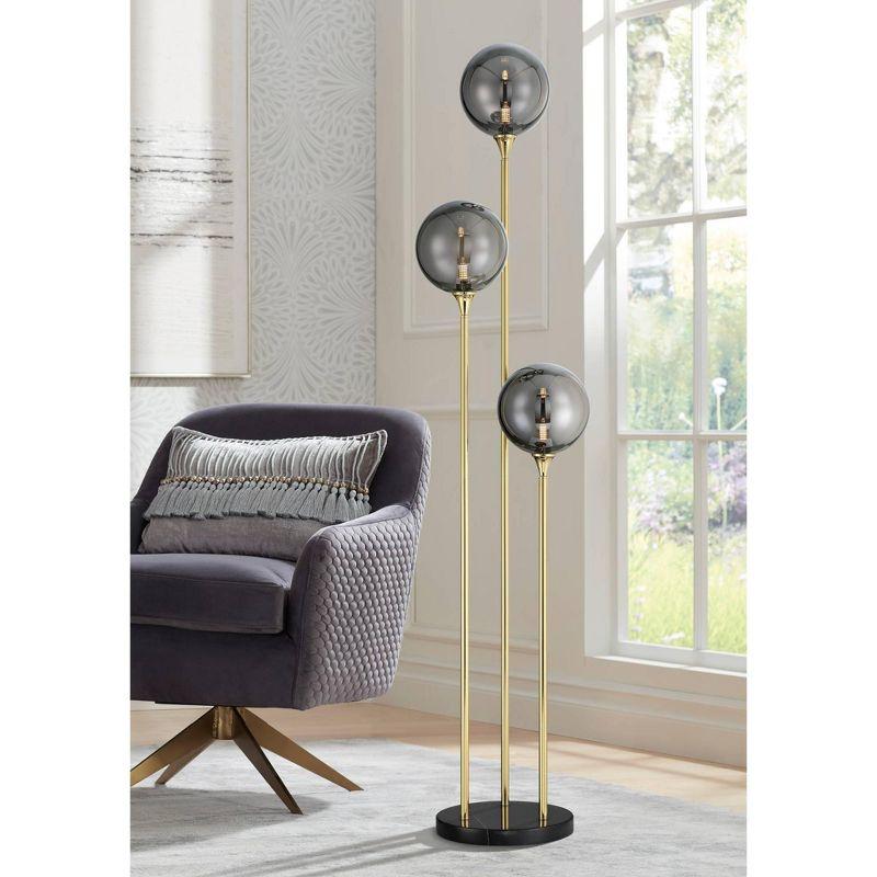 Possini Euro Design Arielle Mid Century Modern 67" Tall Standing Floor Lamp Tree 3-Light LED Foot Switch Gold Metal Brass Bubble Glass Gray Shade