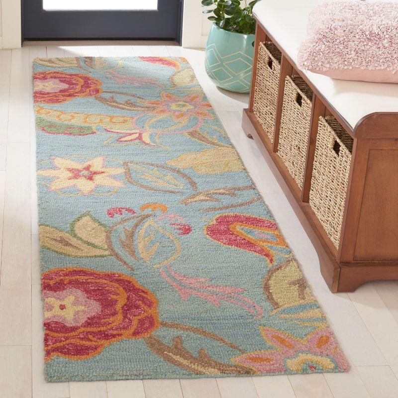 Hand-Knotted Blossom Blue Floral Wool Runner Rug, 2'6" x 12'