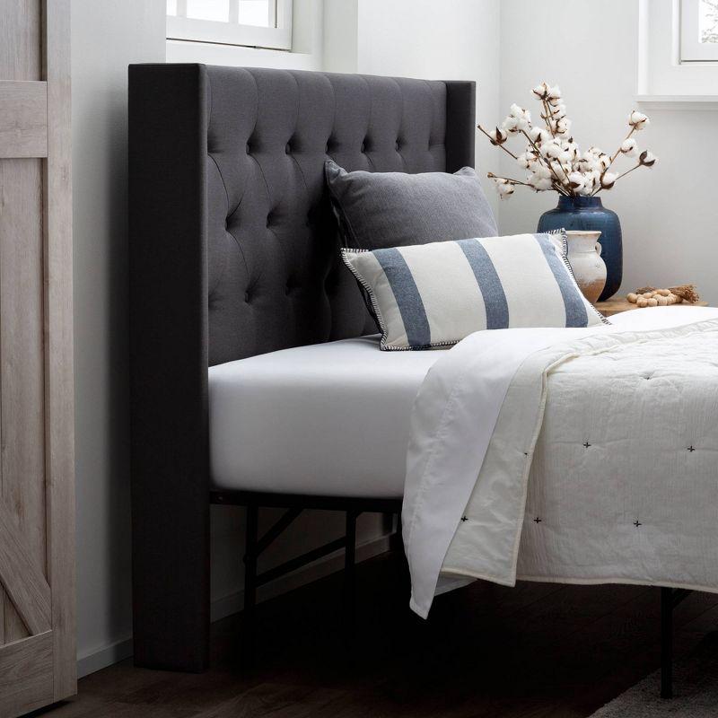 Bella Charcoal Linen-Inspired Tufted Wingback Full Headboard