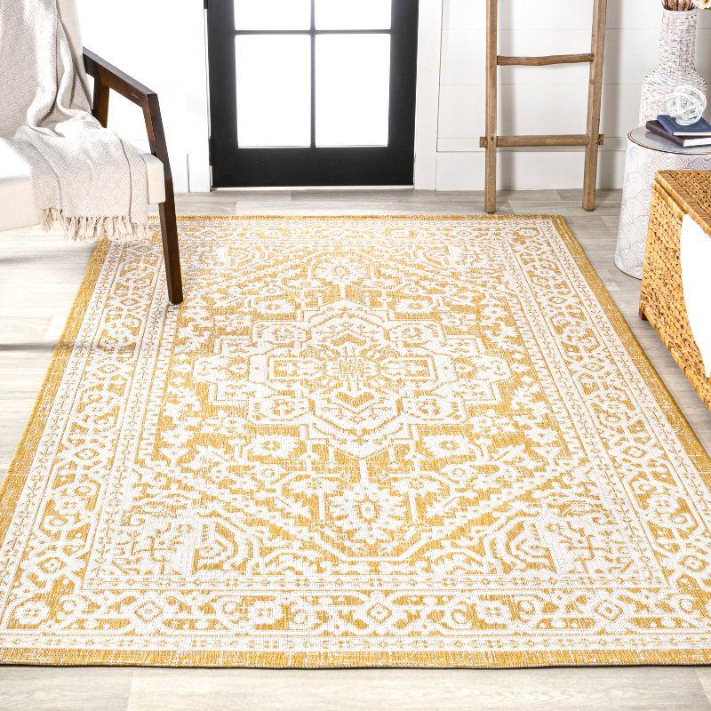 9' x 12' Sinjuri Medallion Textured Weave Indoor/Outdoor Area Rug, Yellow/Cream - JONATHAN Y