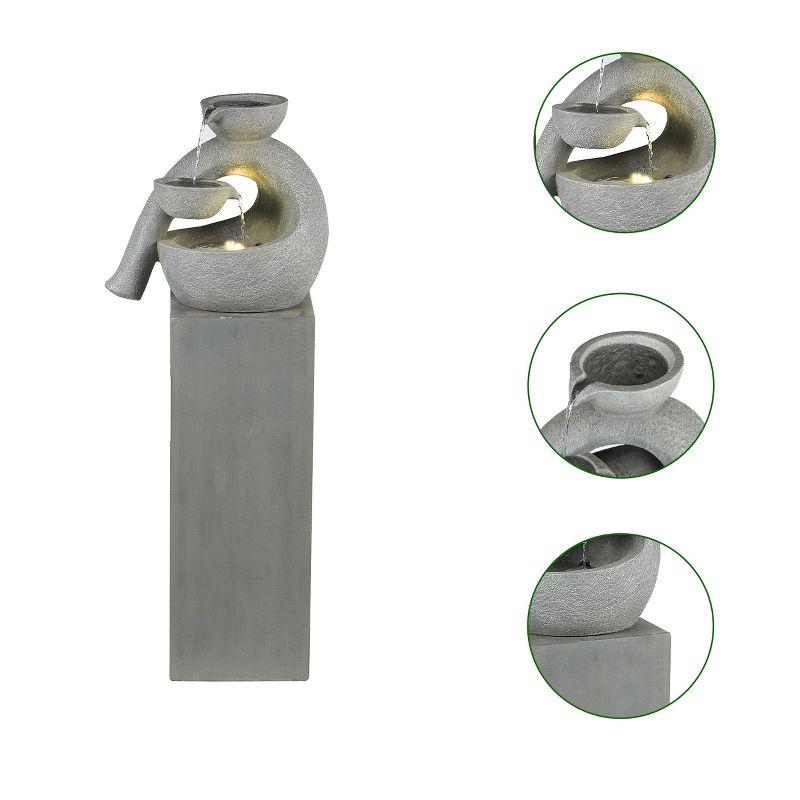 LuxenHome Gray Resin Modern Sculpture Pedestal Outdoor Fountain with Lights