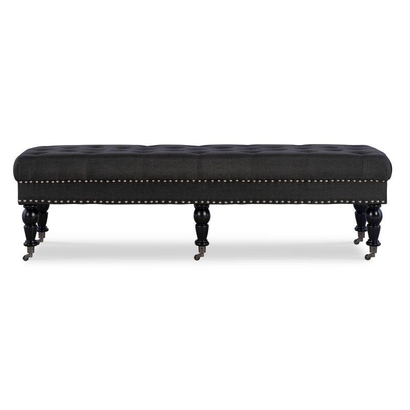 Isabelle 62" Charcoal Linen Upholstered Bench with Silver Nailheads