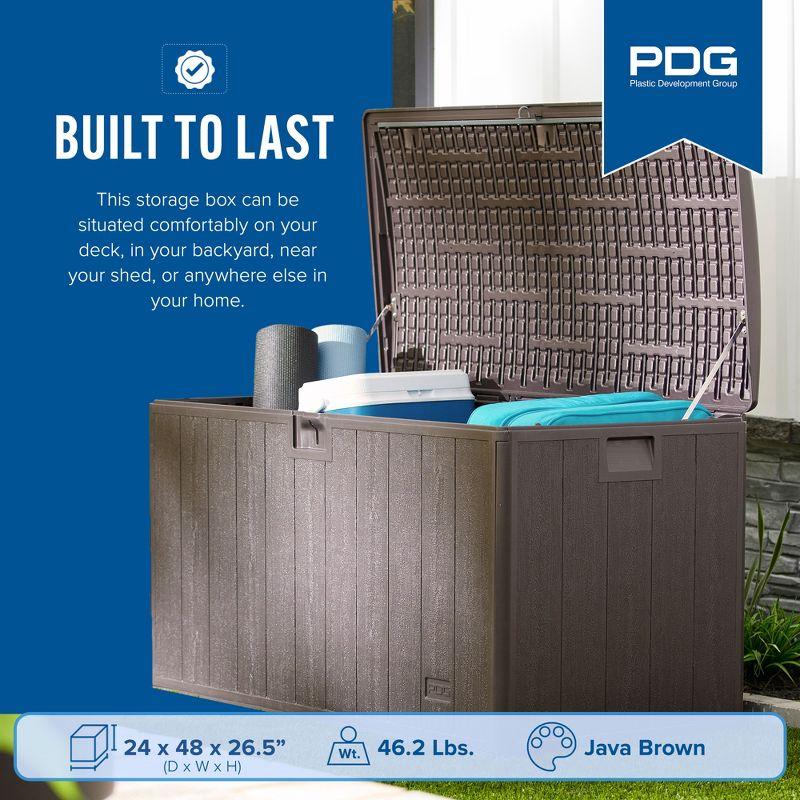 Plastic Development Group 105-Gallon Weather-Resistant Plastic Resin Outdoor Patio Storage Deck Box with Soft-Close Lid, Java Brown