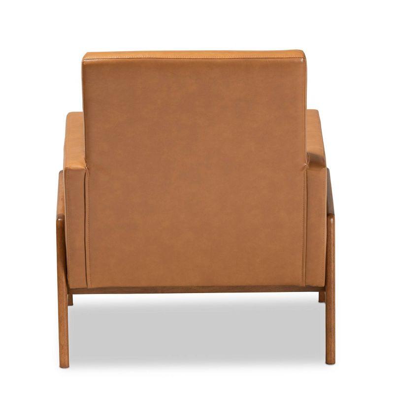 Tan Faux Leather and Walnut Brown Wood Mid-Century Lounge Chair