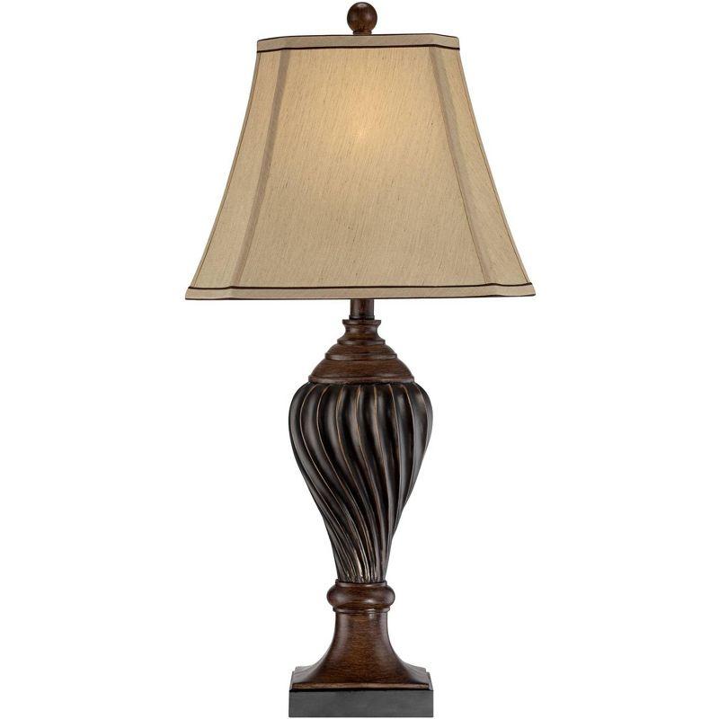 Regency Hill Traditional Table Lamp 28.5" Tall Carved Two Tone Brown Urn Shaped Beige Fabric Shade for Living Room Family Bedroom Bedside