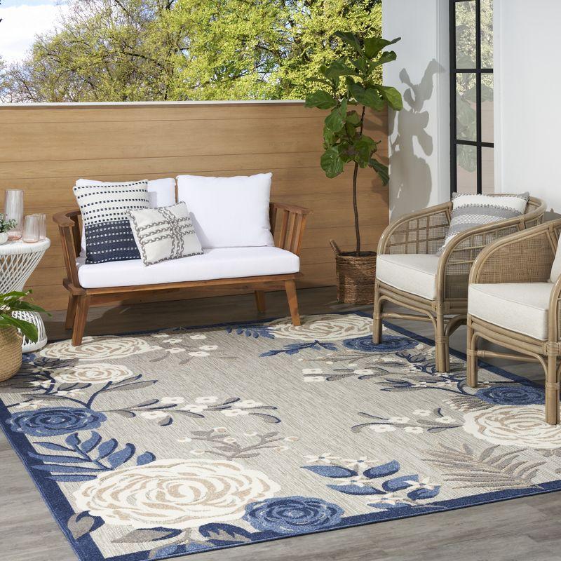 Reversible Blue-Grey Floral Power-Loomed 7' x 10' Outdoor Rug