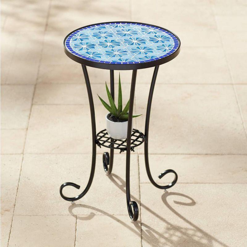 Teal Island Designs Coastal Black Round Outdoor Accent Side Tables 14" Wide Set of 2 Blue Stars Mosaic Tabletop Front Porch Patio Home House