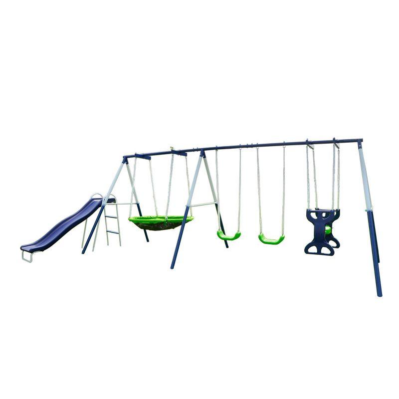 Blue Metal Outdoor Swing and Slide Set with Glider