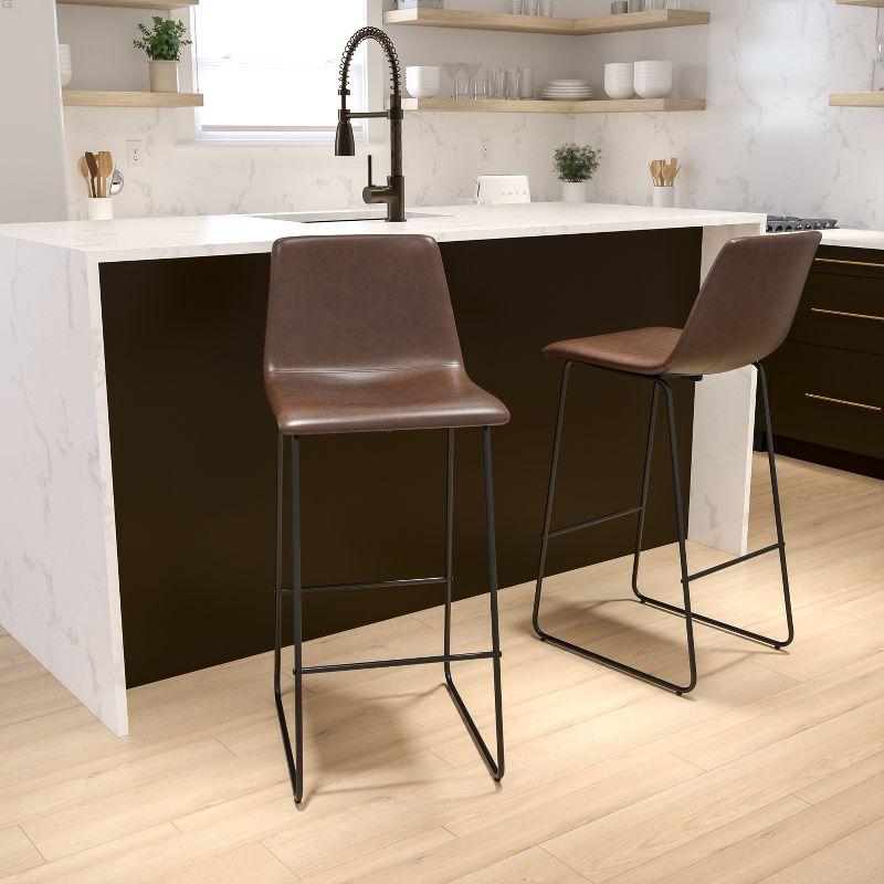 Dark Brown Leather and Metal Bar Height Stools, Set of 2