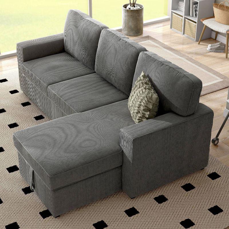 HOMES: Inside + Out Paeke Sleeper Sectional Sofa Corduroy with Storage Chaise and Reversible Dark Gray