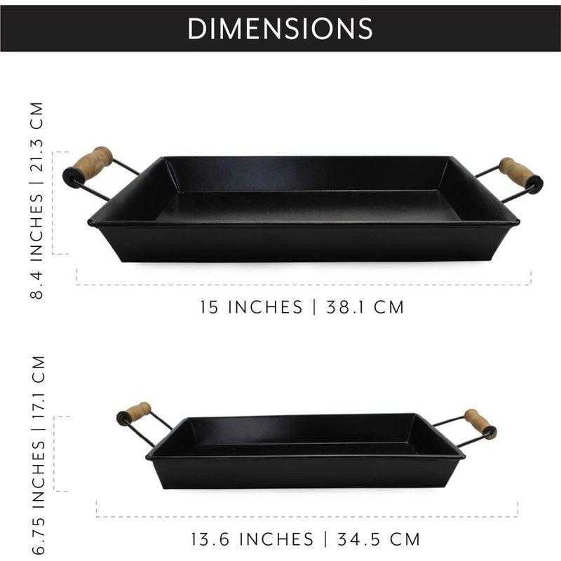 Black Enamel Rectangular Trays with Wood Handles, Set of 2