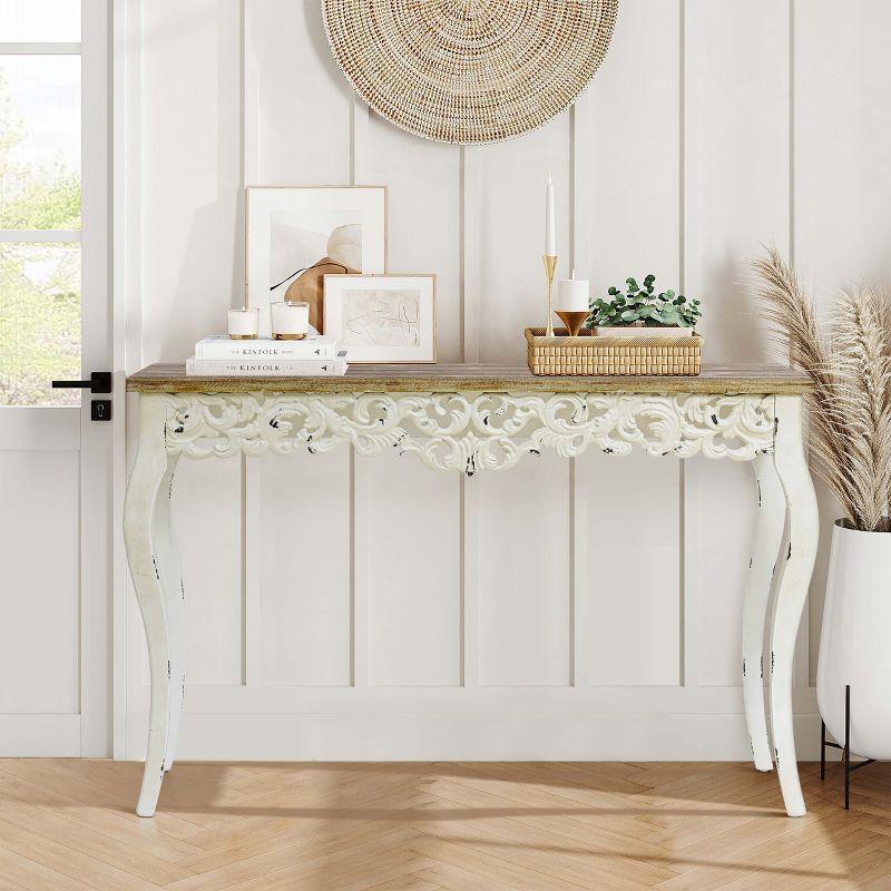 LuxenHome Victorian Off White and Natural Wood Console and Entry Table Off-White