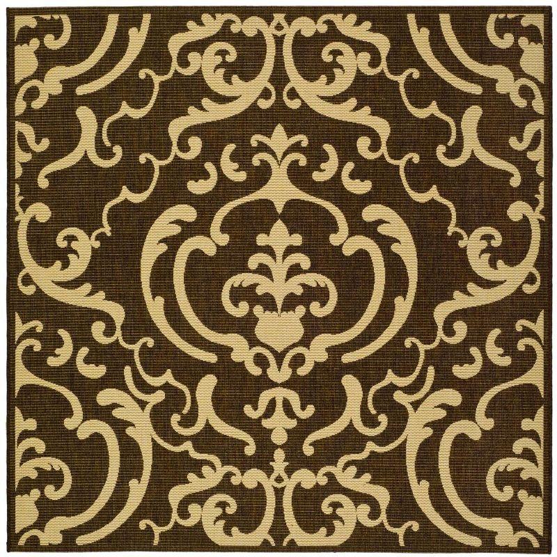 Chocolate and Natural Floral Motif Square Area Rug