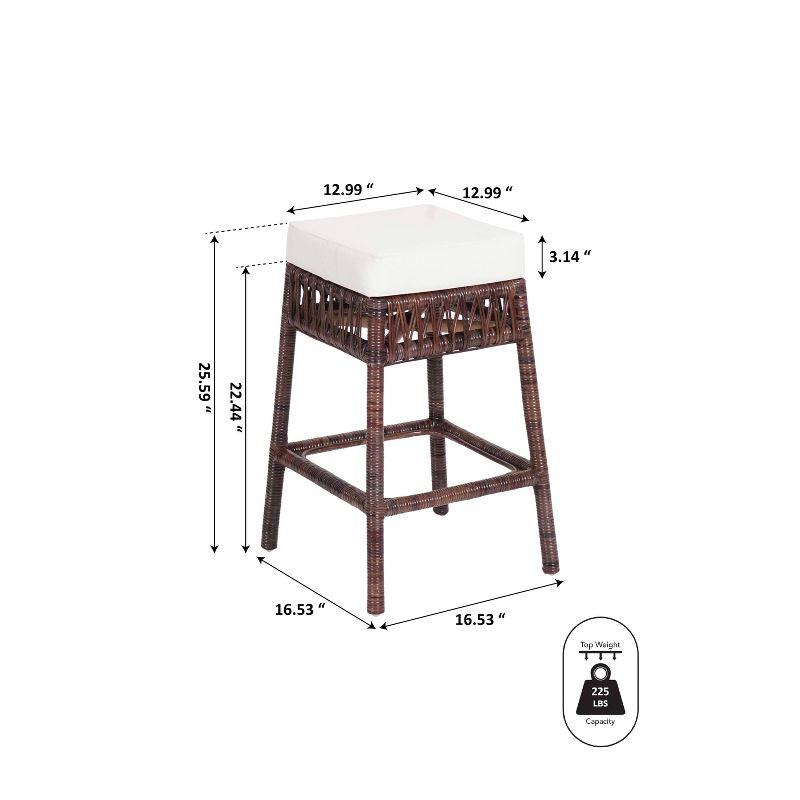 JONATHAN Y Bali Bohemian Basics Rattan Backless Bar Stool, White Cushion with Dark Brown Woven Frame