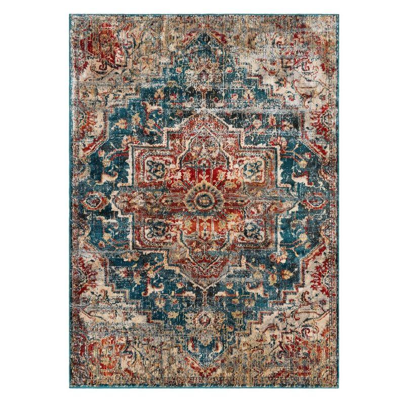 Elegant Blue Synthetic 5' x 7' Oriental Easy-Care Rug