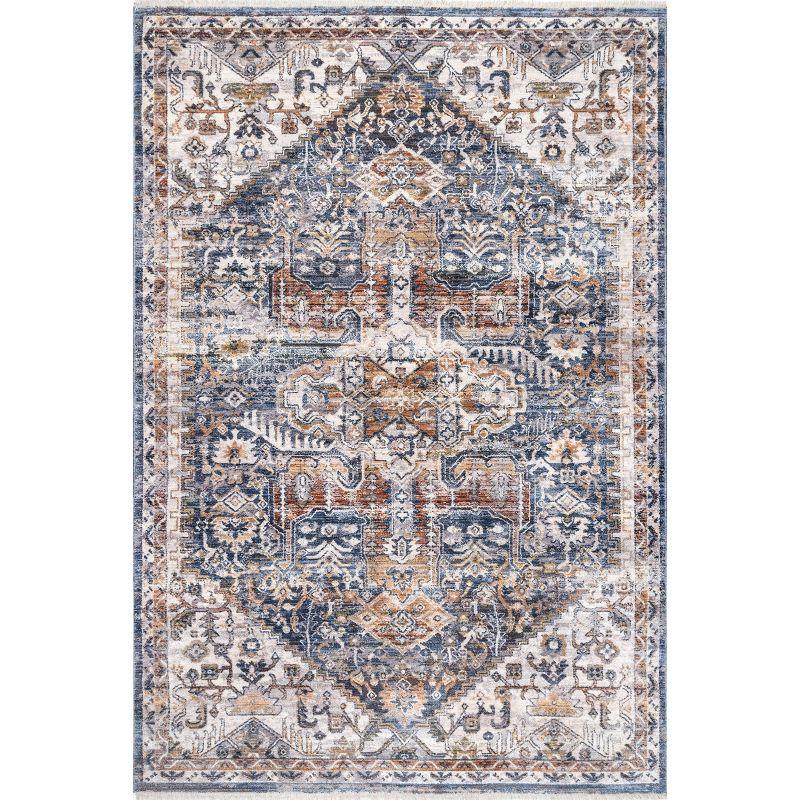 Reversible Distressed Medallion 3' x 5' Blue Synthetic Area Rug