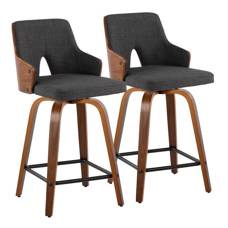 Charcoal Fabric and Walnut Wood Swivel Counter Stools, Set of 2