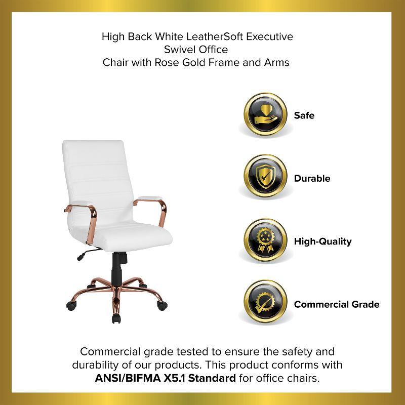Emma and Oliver High Back White LeatherSoft Executive Swivel Office Chair - Rose Gold Frame/Arms