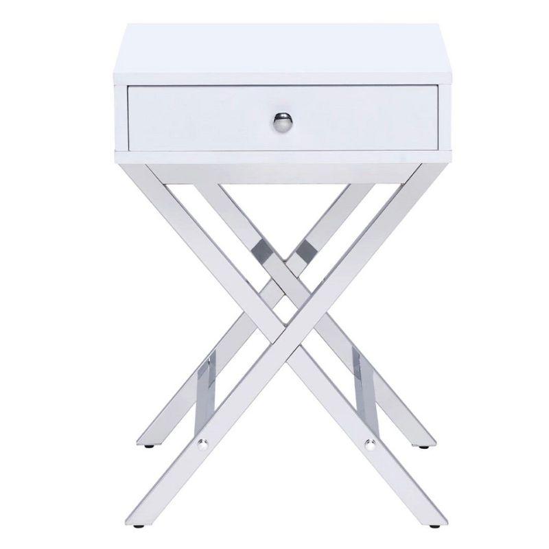 16" Coleen Accent Table White/Chrome Finish - Acme Furniture: Brass Base, Drawer Storage, No Assembly Required