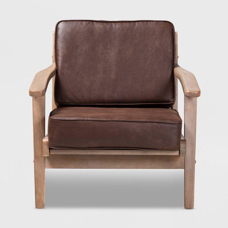 Dark Brown Faux Leather and Oak Mid-Century Accent Chair