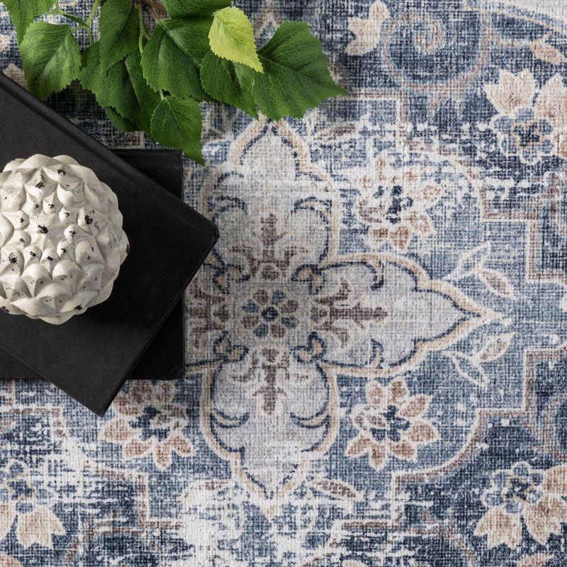 Nuloom Elsa Medallion 4x6 Machine Washable Indoor Area Rug for Living Room Bedroom Dining Room Kitchen, Blue/Ivory
