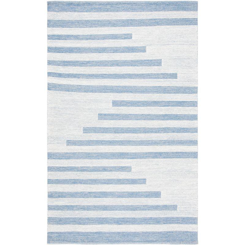 Ivory and Blue Striped Handwoven Wool-Cotton Area Rug