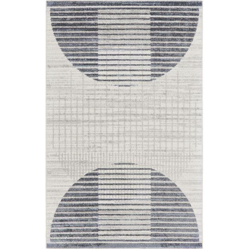 Nourison Astra Machine Washable Semi Circles Mid-Century Modern Indoor Bathroom, Kitchen Area Rug Ivory Blue 3'3" x 5'