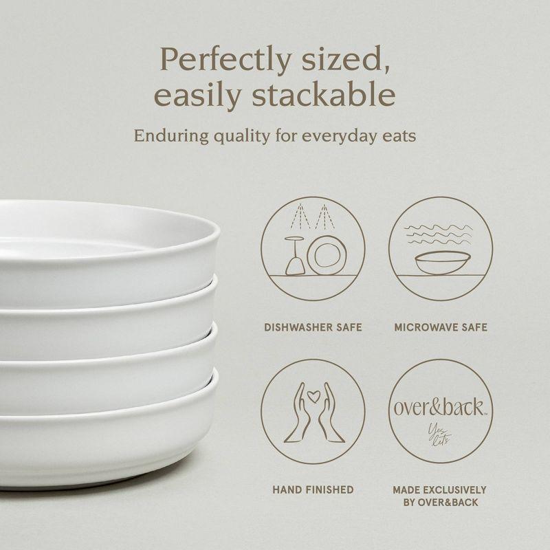 over&back Set of 4 32oz Rimmed Hand-Finished Stoneware Dinner Bowls Semi-Matte White: Microwave & Dishwasher Safe