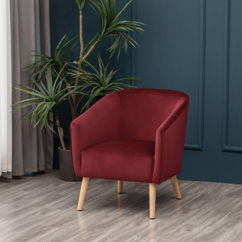 Sienna Red Velvet Barrel Accent Chair with Natural Wood Detailing