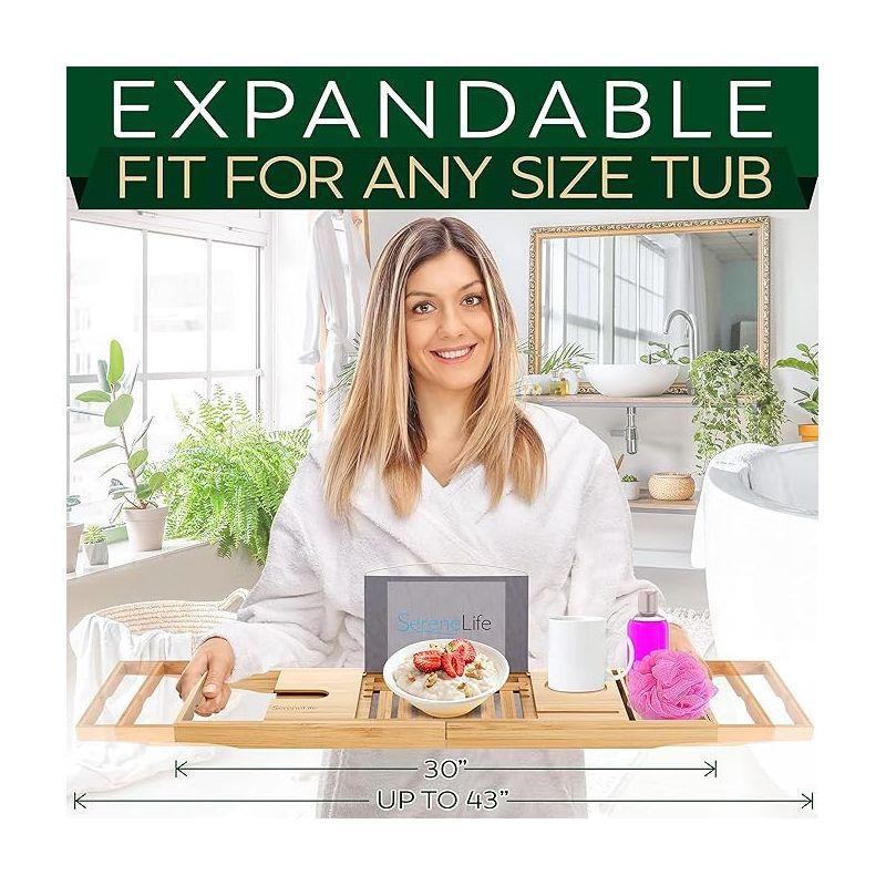 Latitude Run® Luxury Bamboo Bathtub Caddy Tray - Adjustable, Waterproof, With Wine Holder And Phone Slot For Relaxing Baths