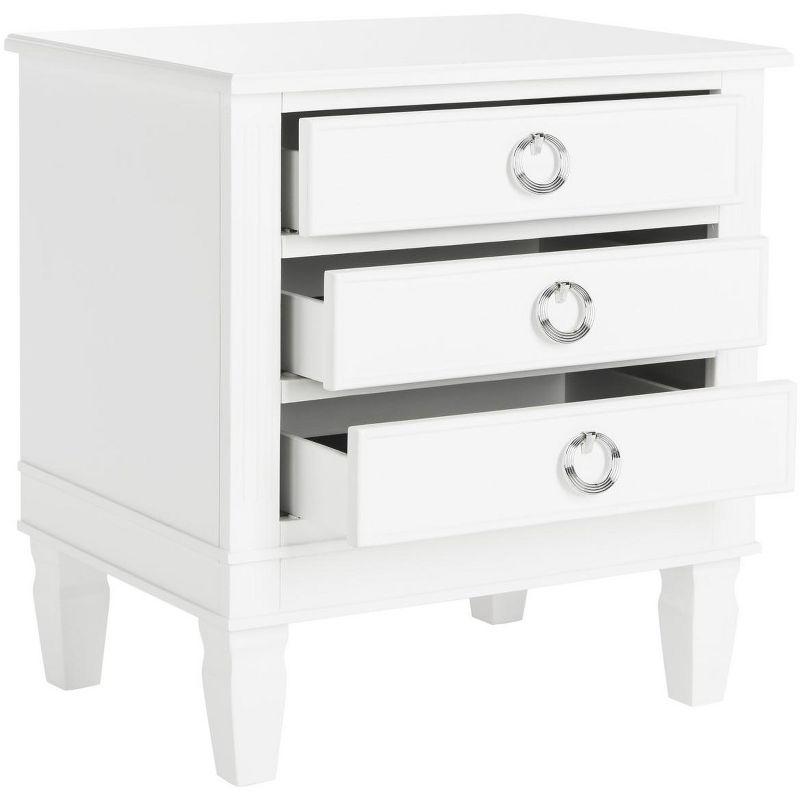 Transitional Kira 3-Drawer White Wood Nightstand with Silver Pulls