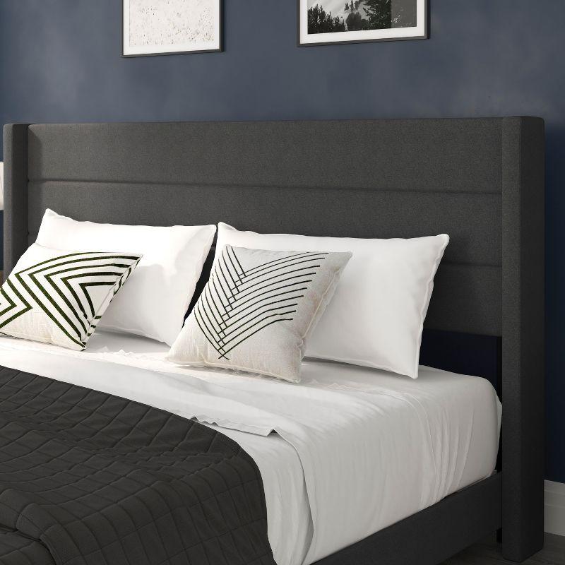 Flash Furniture King Size Upholstered Platform Bed with Wingback Headboard-Charcoal Faux Linen